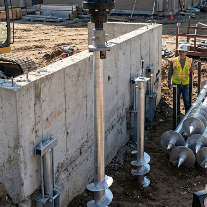 Industrial helical piles stabilizing a reinforced building foundation.