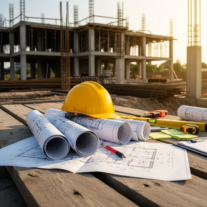 contractor plans and hard helmet on a table