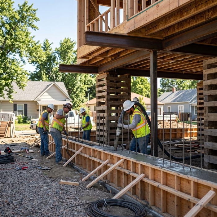 Fresh concrete poured into forms for a full basement replacement foundation.
