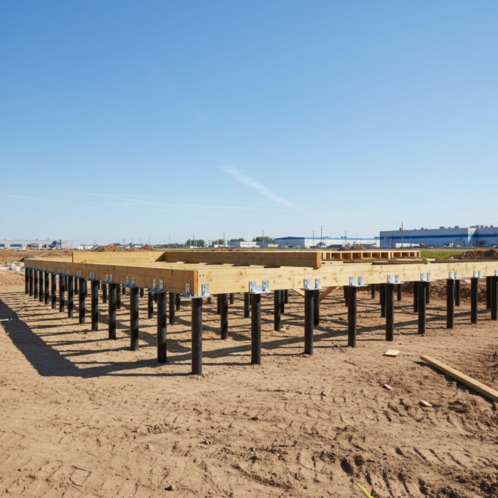 A sturdy new wooden floor frame is supported by numerous black helical piles embedded in the dry, sandy earth under a clear blue sky. A sturdy new wooden floor frame is supported by numerous black helical piles embedded in the dry, sandy earth under a clear blue sky.