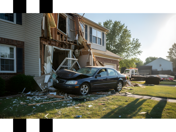 A damaged car after running into the home.
