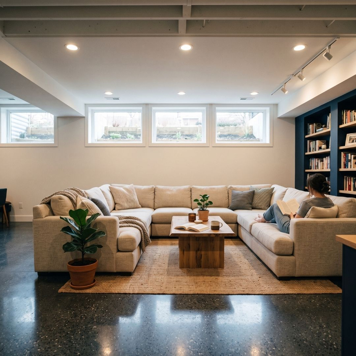 High-ceiling finished basement converted from a low crawl space.