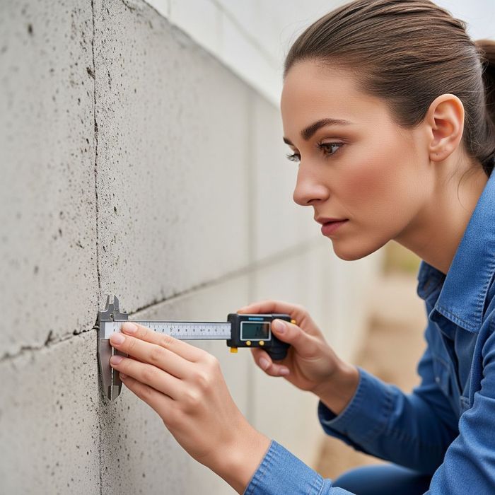 Foundation specialist carefully inspecting a foundation wall for damage assessment.