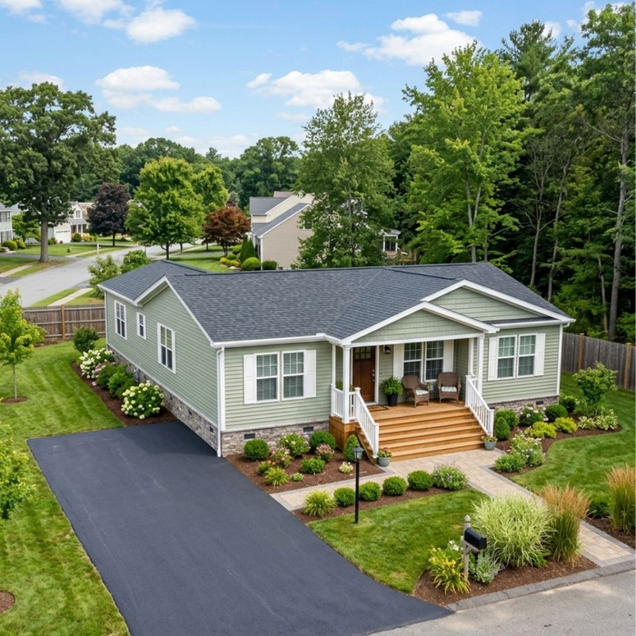 A successful residential relocation featuring a perfectly positioned home surrounded by fresh landscaping and a new driveway.