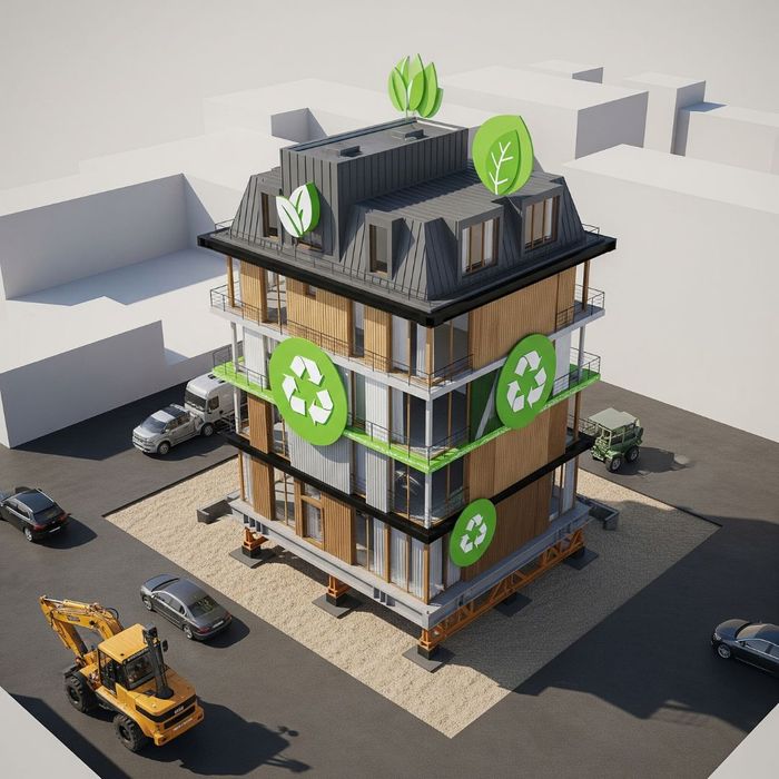 Moved building with symbols of sustainability and resource efficiency