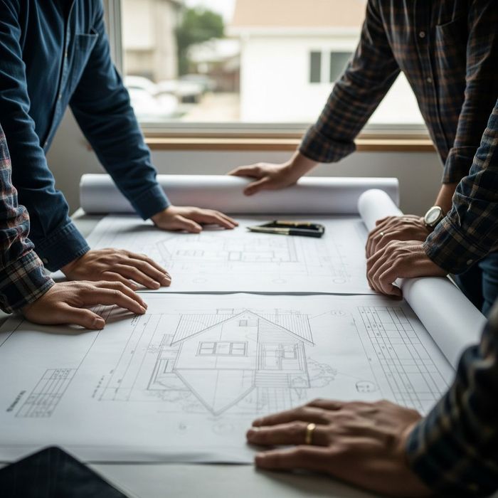 Team of professionals carefully reviewing blueprints Team of professionals carefully reviewing blueprints