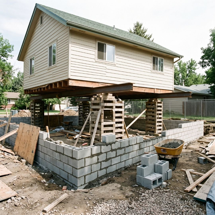 New concrete block foundation built beneath an elevated residential building.