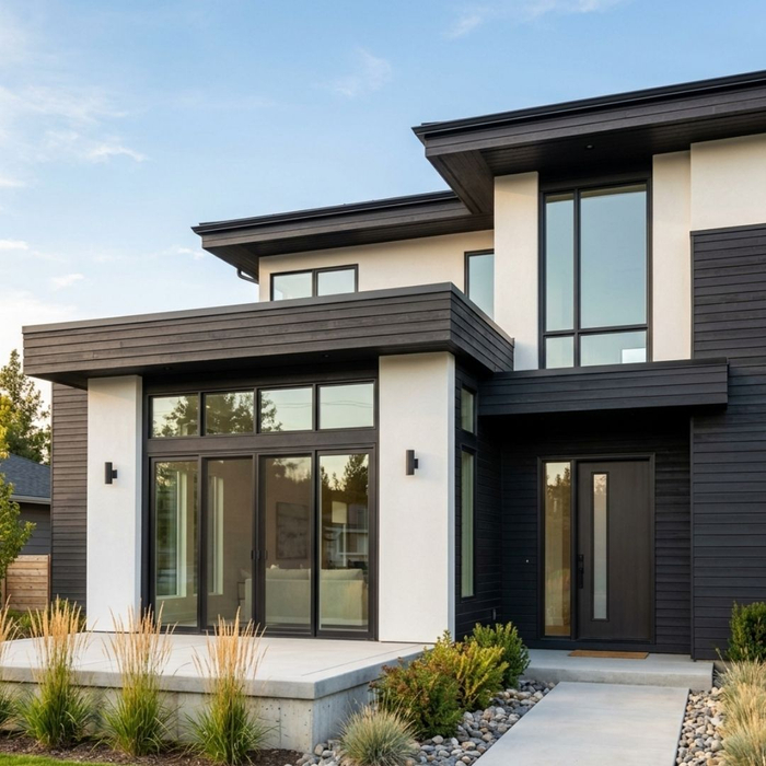 A modern home exterior showing perfectly aligned doors and pristine siding following a successful foundation leveling.