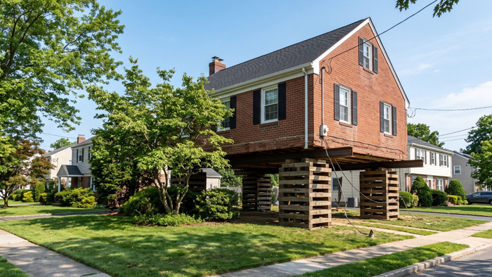 Two-story suburban brick house elevated safely on steel support beams. Two-story suburban brick house elevated safely on steel support beams.