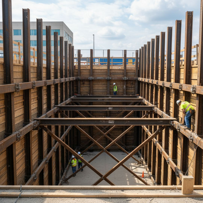 An deep excavation pit is supported by extensive temporary shoring with construction workers inside. An deep excavation pit is supported by extensive temporary shoring with construction workers inside.