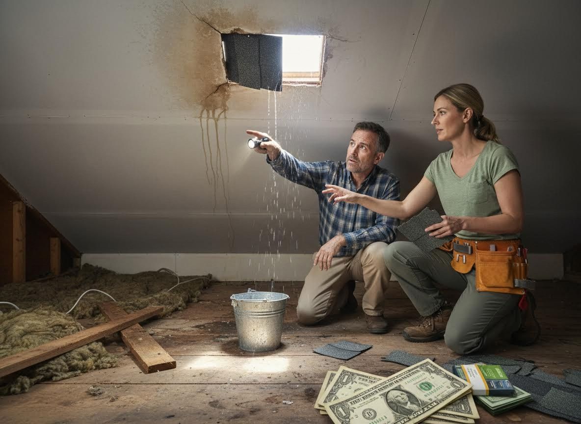 Couple Examining Severe Roof Leak and Water Damage in Attic with Repair Costs