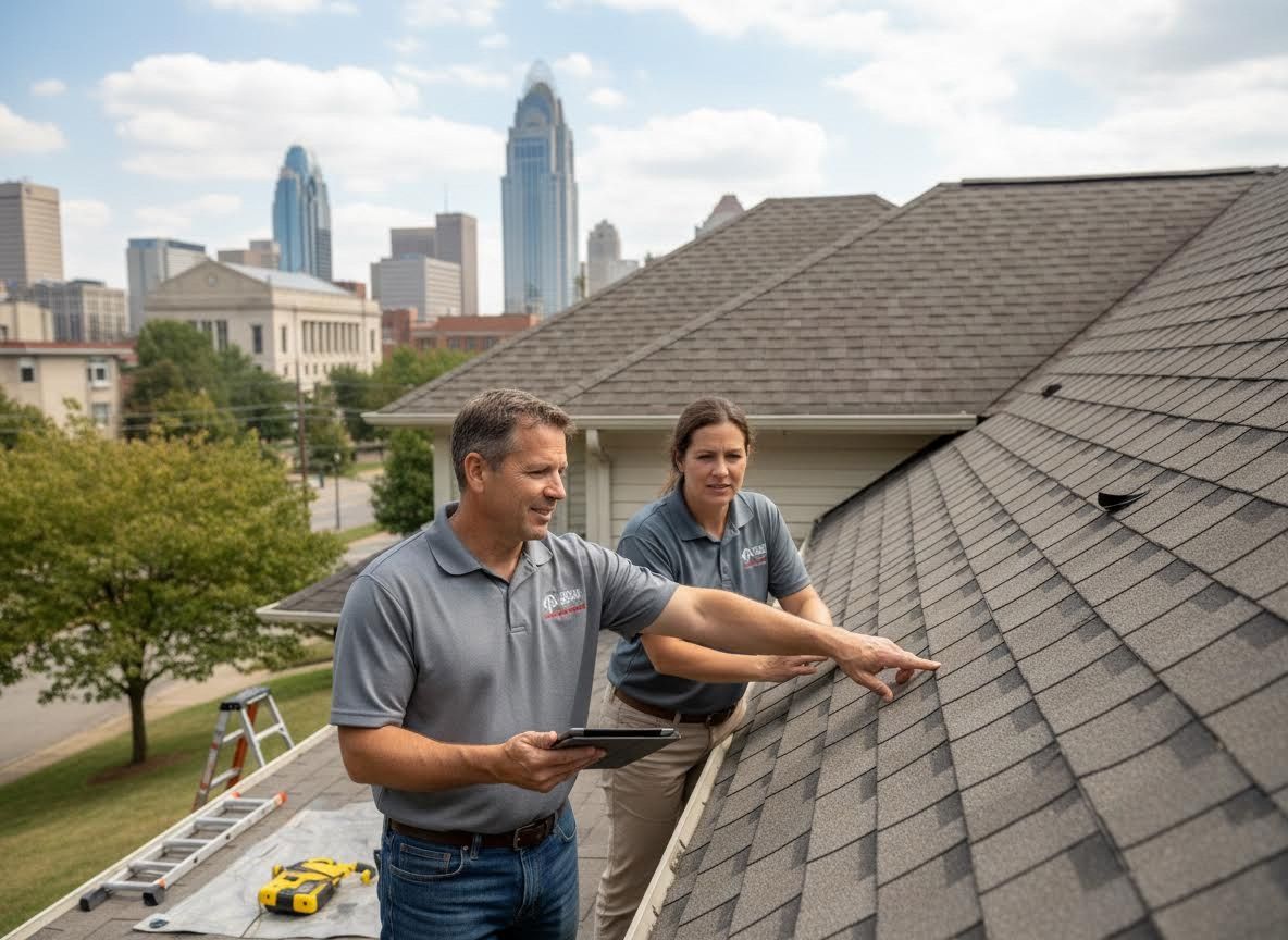 Roof inspectors on residential roof with city skyline