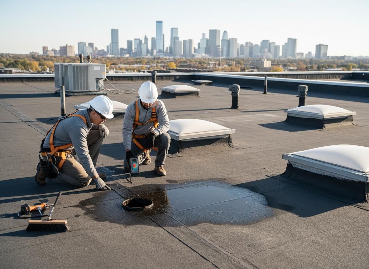 Rooftop Inspection of Commercial Building Drainage