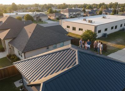 Family on a metal roof reviewing construction plans