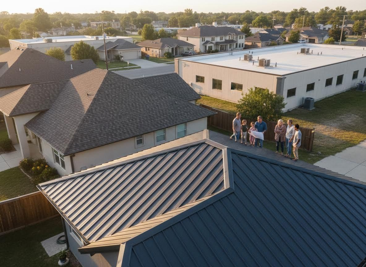 Family on a metal roof reviewing construction plans