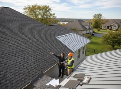 Roofing Professionals Inspecting Residential Roof with Material Samples