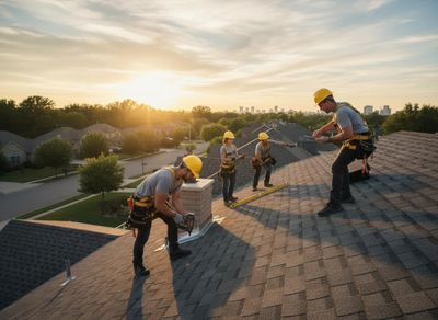 Roofing Team Working at Sunset