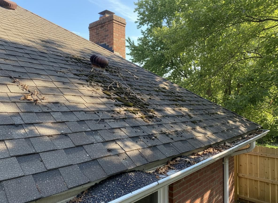 Dirty Asphalt Shingle Roof with Clogged Gutters