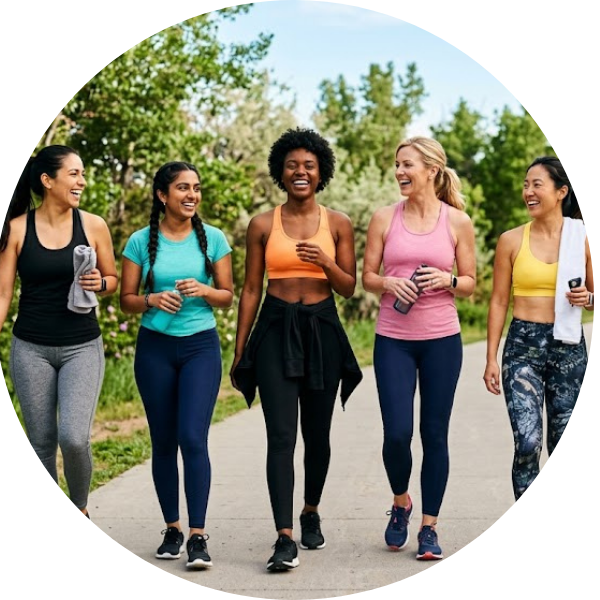 group of smiling women in workout gear