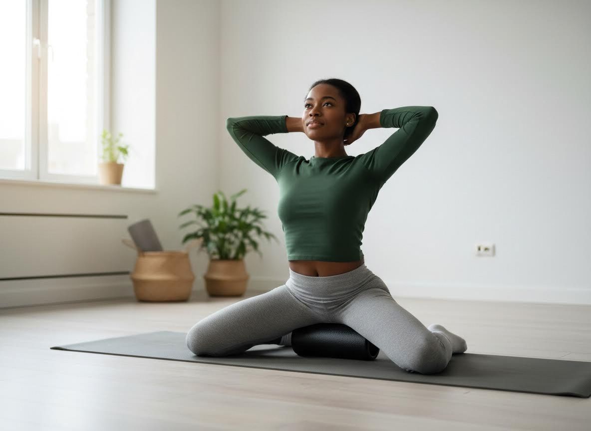 Young Woman Stretching with Foam Roller on Yoga Mat