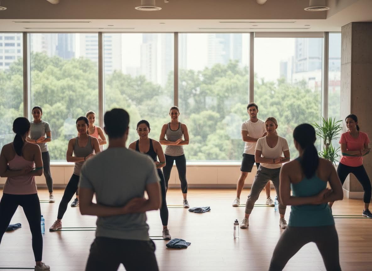 Fitness class with participants exercising in a bright studio