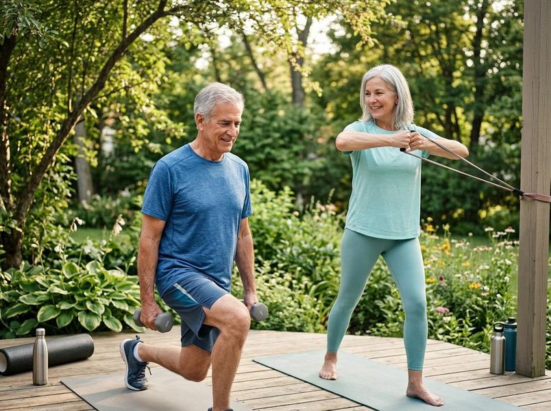 A senior man lunges with dumbbells on a yoga mat, while a senior woman uses a resistance band on a deck amidst lush greenery. Smiling senior couple exercising outdoors
