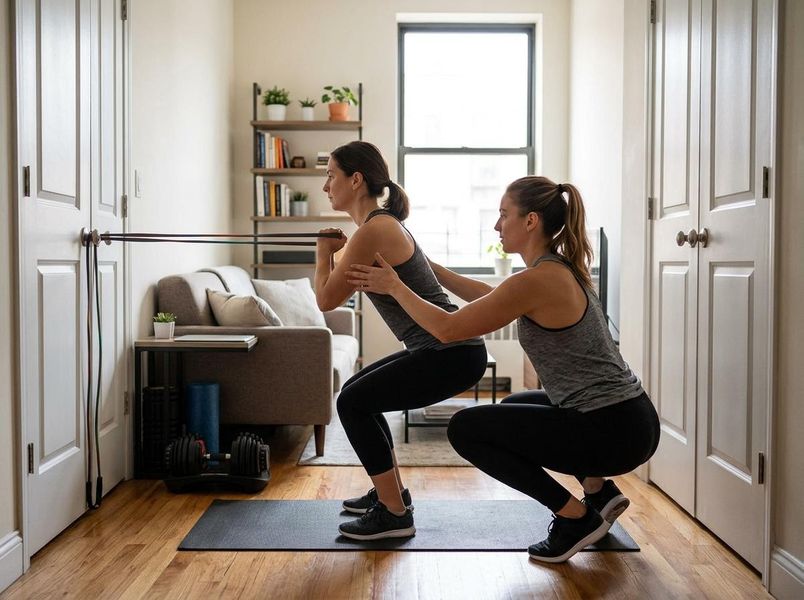Two women performing resistance band squats with personal trainer