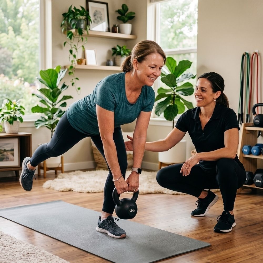High-quality stock photo of a female personal trainer coaching a client through a single-leg kettlebell deadlift in a bright, modern home gym.