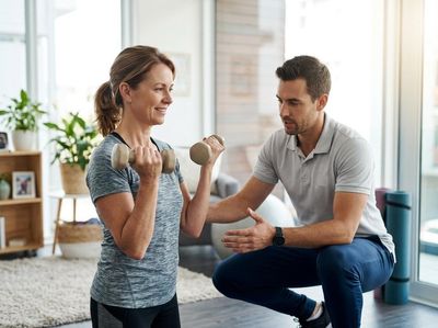 A smiling woman lifts dumbbells with a male personal trainer giving guidance during an indoor workout session. Woman working out with dumbbells and personal trainer