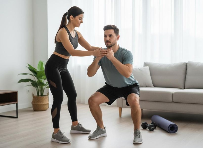 Woman assisting man with home workout squats