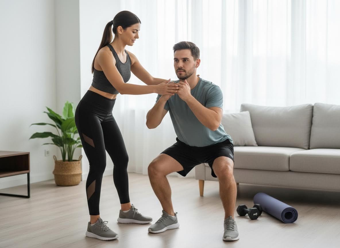 Woman assisting man with home workout squats