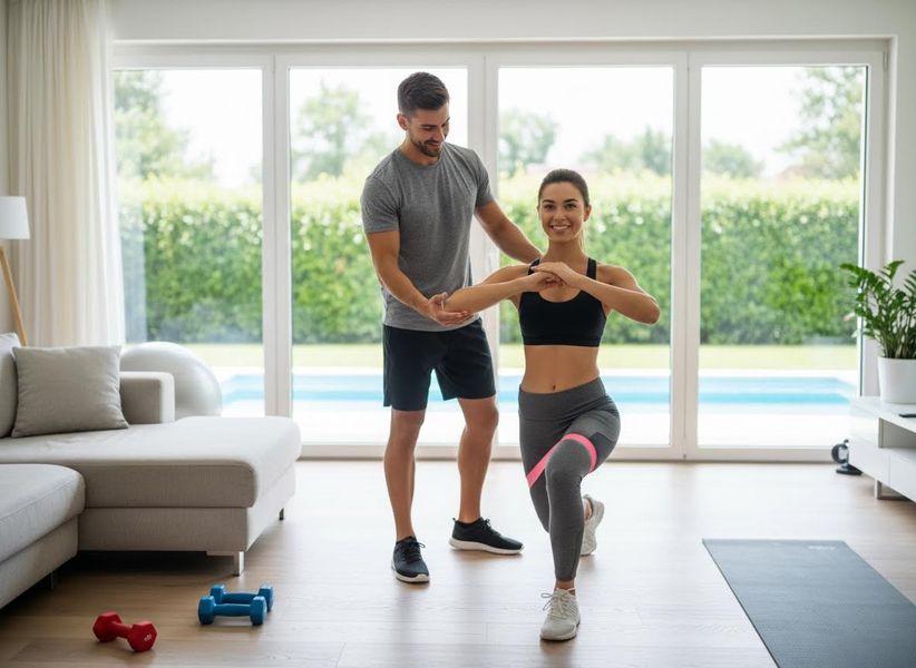 Woman Training with Personal Trainer at Home