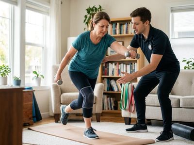 Woman exercising with personal trainer at home