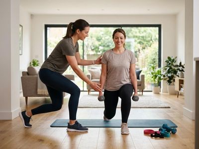 A personal trainer helps a woman perform lunges with dumbbells on a yoga mat in a bright living room, focusing on form. Woman exercising with personal trainer at home