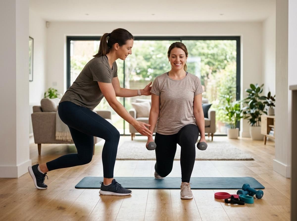 Woman exercising with personal trainer at home