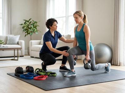 A female personal trainer guides a woman performing kettlebell lunges in a home setting, with other exercise equipment nearby. Personal Trainer Assisting Client with Kettlebell Lunges at Home