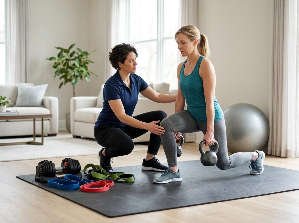 Personal Trainer Assisting Client with Kettlebell Lunges at Home