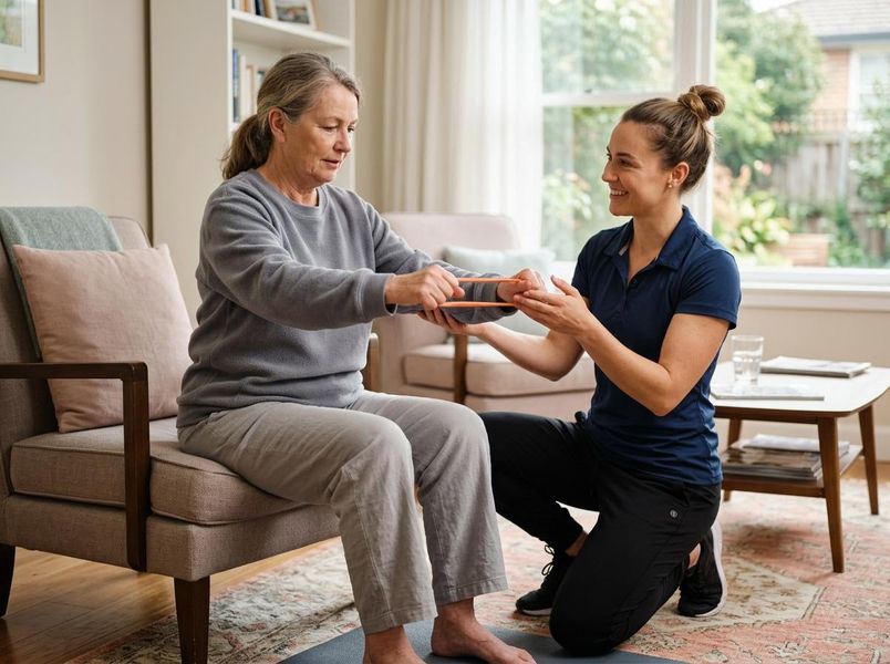 An older woman sitting in a chair performs arm exercises with an orange resistance band, guided by a smiling female therapist kneeling beside her in a living room. Senior woman doing physical therapy with a resistance band and therapist