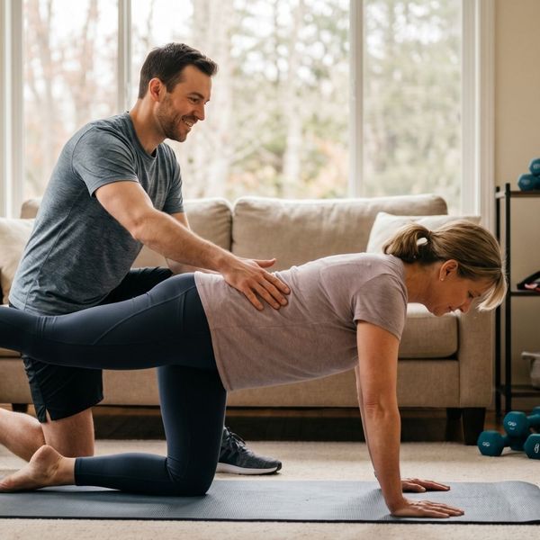 A professional male personal trainer assisting a female client with a bird-dog exercise for core stability in a well-lit living room.