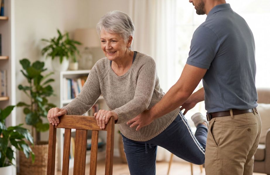 An encouraging personal trainer assisting a senior woman with standing leg lifts using a wooden chair for balance and support.
