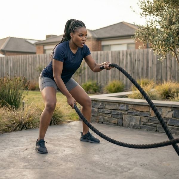 A determined woman in athletic gear performing a dynamic battle rope workout on a stone patio during an in-home personal training session.
