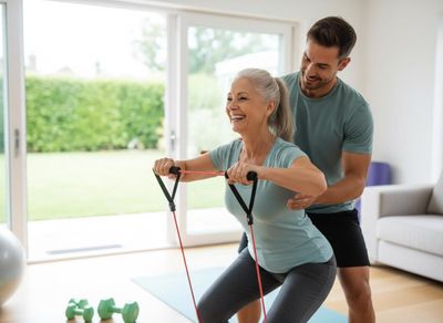 Senior Woman Exercising with Personal Trainer at Home