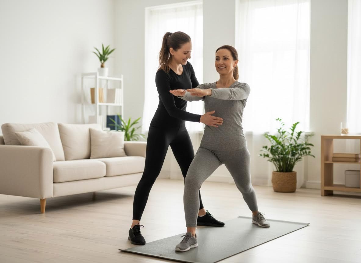 Personal Trainer Guiding Woman in Home Workout