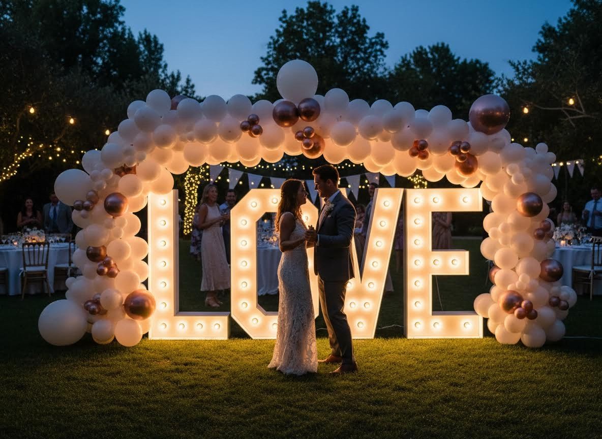 Wedding Couple with Illuminated 'LOVE' Letters and Balloon Arch