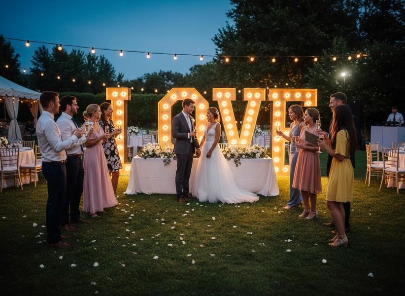 Bride and groom hold hands in front of a giant lit-up 'LOVE' sign at an outdoor wedding reception, surrounded by guests raising toasts. Wedding reception with bride, groom, guests, and illuminated LOVE sign