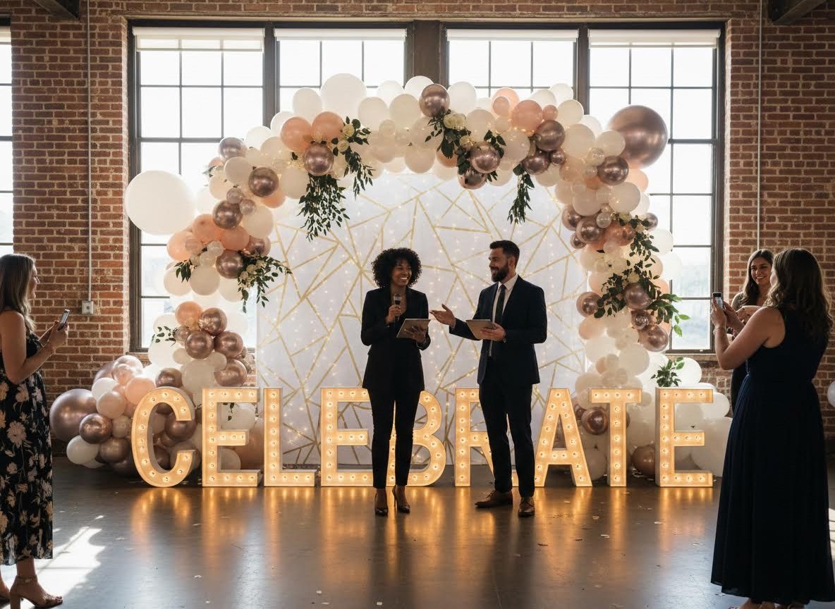 Two hosts speaking at a celebratory event with a balloon arch and marquee lights