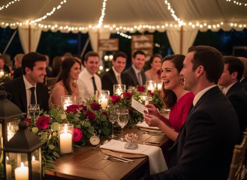 Wedding reception guests under a string-lit tent