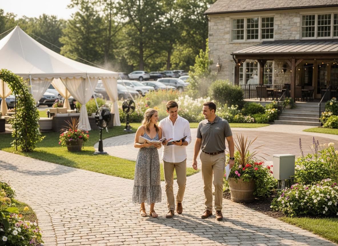 Event planners walking and discussing plans at an outdoor venue