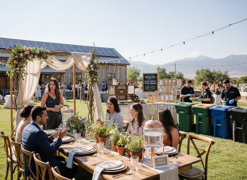 Outdoor Wedding Reception with Rustic Decor and Solar Barn