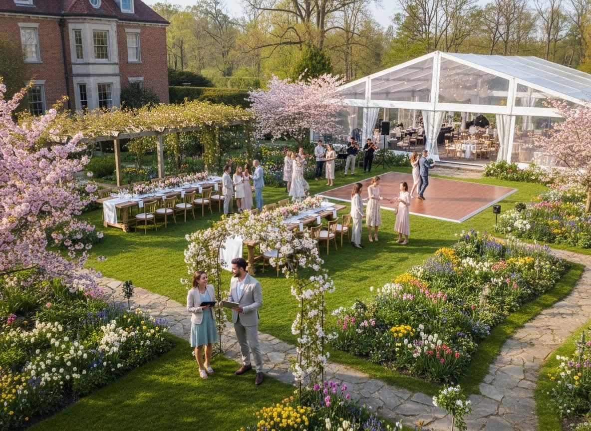 Elegant Outdoor Spring Event in a Garden with Clear Tent